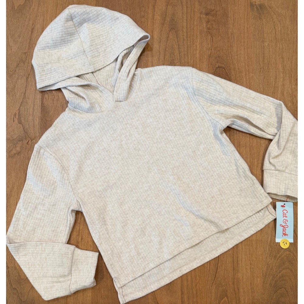 Cat & Jack Girls Oatmeal Heather Ribbed Knit Hooded Pullover Sweater NWT M(8)